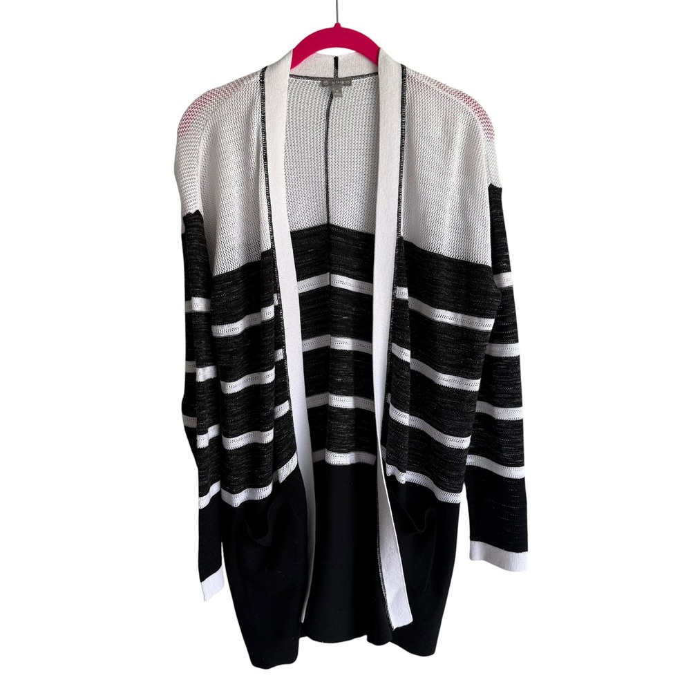 T‎ by TALBOTS Mesh Striped Black White Ladies Casual Monochrome Open Cardigan, M
